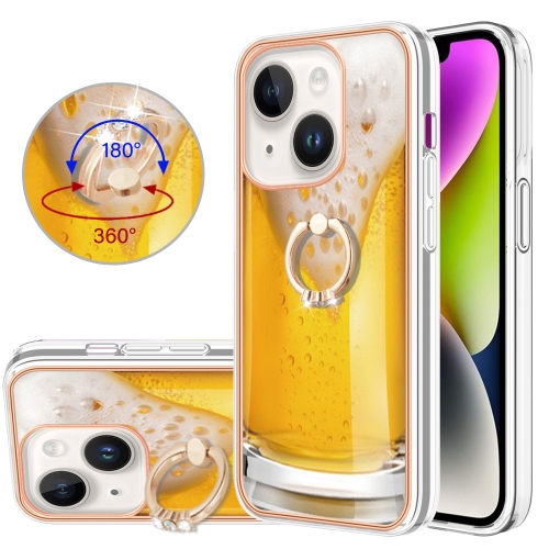 

For iPhone 14 Plus Electroplating Dual-side IMD Phone Case with Ring Holder(Draft Beer)