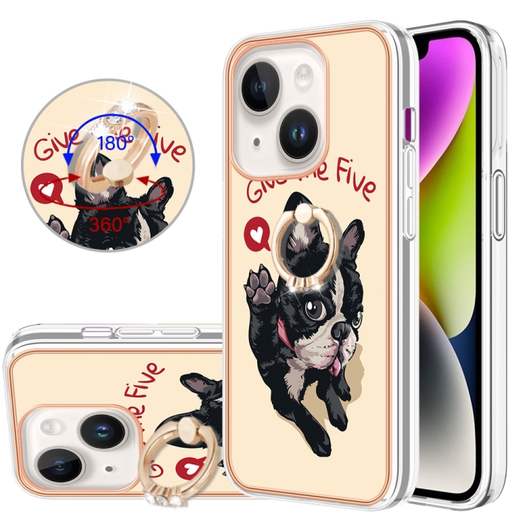 

For iPhone 14 Electroplating Dual-side IMD Phone Case with Ring Holder(Lucky Dog)