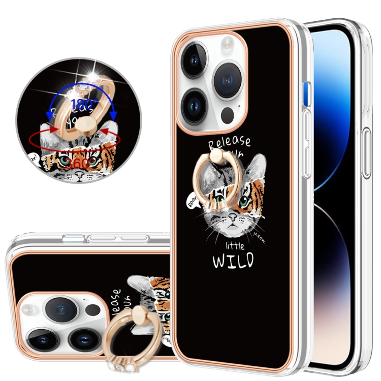 

For iPhone 14 Pro Electroplating Dual-side IMD Phone Case with Ring Holder(Natural Growth)