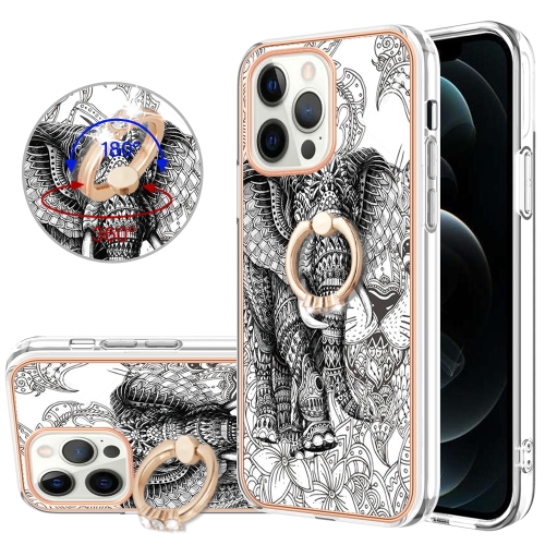 

For iPhone 12 Pro Max Electroplating Dual-side IMD Phone Case with Ring Holder(Totem Elephant)