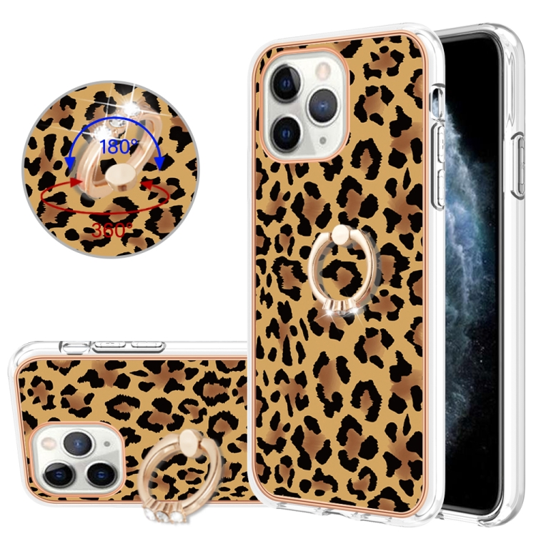 

For iPhone 11 Pro Electroplating Dual-side IMD Phone Case with Ring Holder(Leopard Print)
