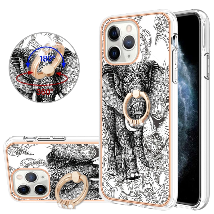 

For iPhone 11 Pro Electroplating Dual-side IMD Phone Case with Ring Holder(Totem Elephant)