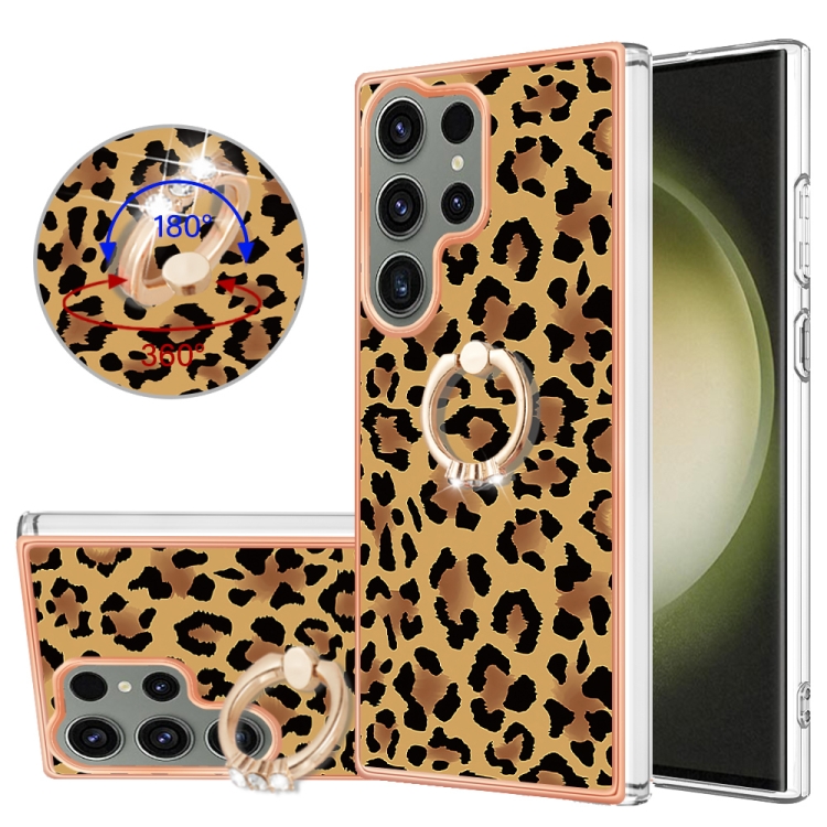

For Samsung Galaxy S23 Ultra 5G Electroplating Dual-side IMD Phone Case with Ring Holder(Leopard Print)