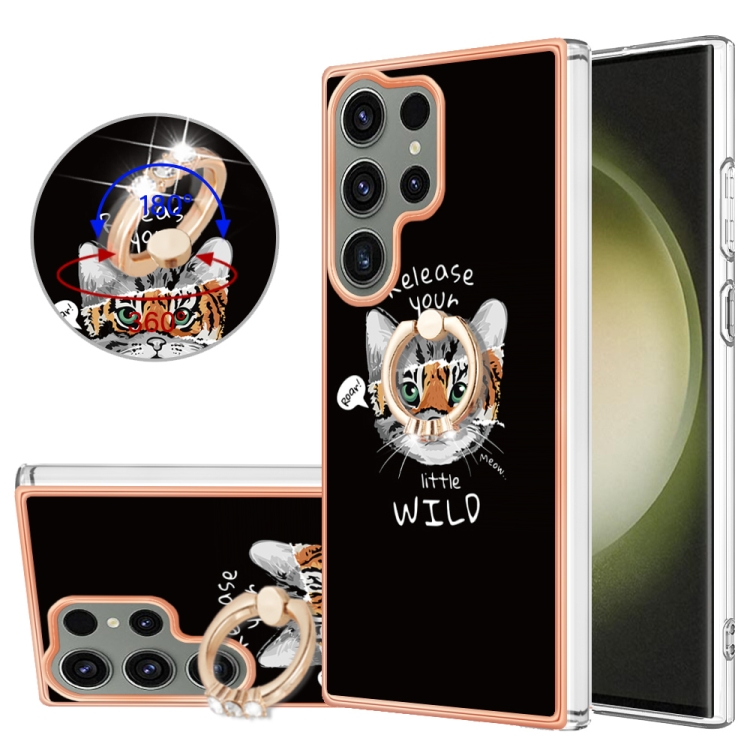 

For Samsung Galaxy S23 Ultra 5G Electroplating Dual-side IMD Phone Case with Ring Holder(Natural Growth)