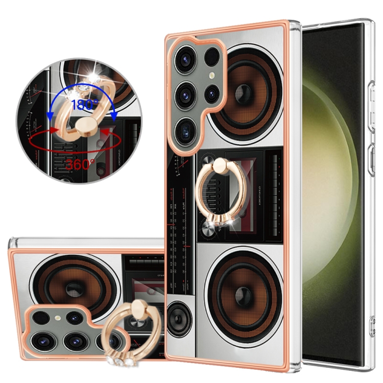 

For Samsung Galaxy S23 Ultra 5G Electroplating Dual-side IMD Phone Case with Ring Holder(Retro Radio)