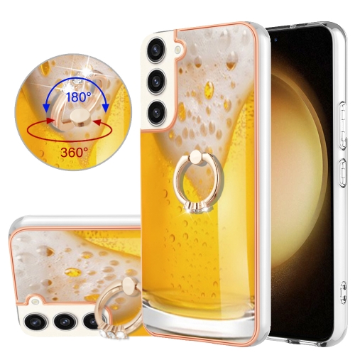 

For Samsung Galaxy S23+ 5G Electroplating Dual-side IMD Phone Case with Ring Holder(Draft Beer)