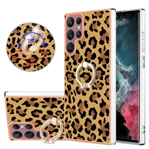 

For Samsung Galaxy S22 Ultra 5G Electroplating Dual-side IMD Phone Case with Ring Holder(Leopard Print)