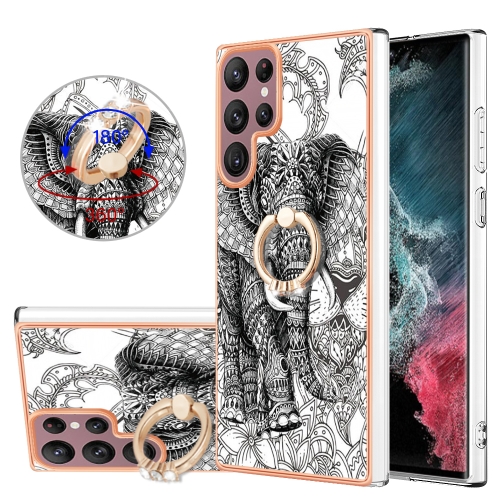 

For Samsung Galaxy S22 Ultra 5G Electroplating Dual-side IMD Phone Case with Ring Holder(Totem Elephant)