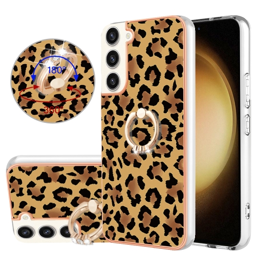 

For Samsung Galaxy S22+ 5G Electroplating Dual-side IMD Phone Case with Ring Holder(Leopard Print)