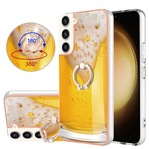 

For Samsung Galaxy S22+ 5G Electroplating Dual-side IMD Phone Case with Ring Holder(Draft Beer)