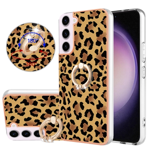 

For Samsung Galaxy S22 5G Electroplating Dual-side IMD Phone Case with Ring Holder(Leopard Print)