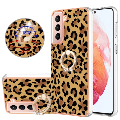 

For Samsung Galaxy S21 5G Electroplating Dual-side IMD Phone Case with Ring Holder(Leopard Print)