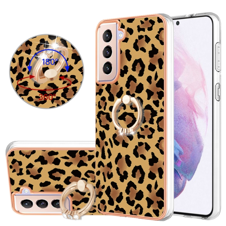 

For Samsung Galaxy S21+ 5G Electroplating Dual-side IMD Phone Case with Ring Holder(Leopard Print)