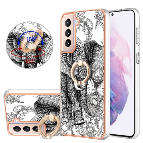 

For Samsung Galaxy S21+ 5G Electroplating Dual-side IMD Phone Case with Ring Holder(Totem Elephant)
