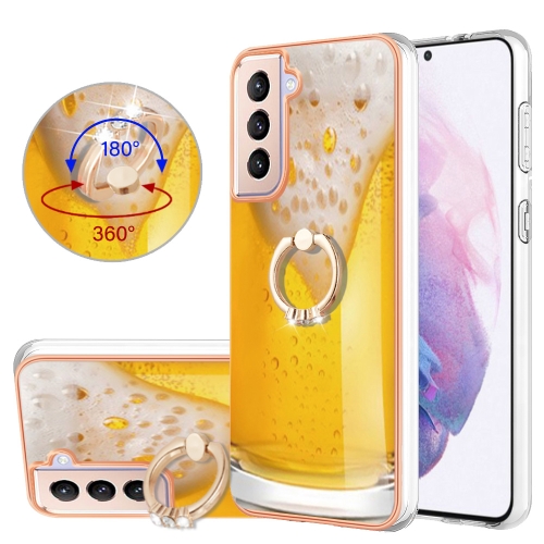

For Samsung Galaxy S21+ 5G Electroplating Dual-side IMD Phone Case with Ring Holder(Draft Beer)