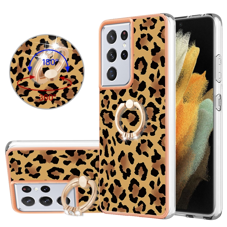 

For Samsung Galaxy S21 Ultra 5G Electroplating Dual-side IMD Phone Case with Ring Holder(Leopard Print)
