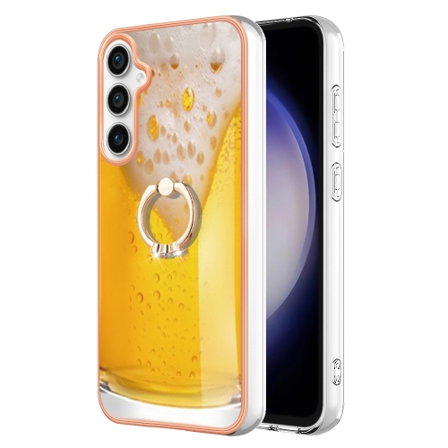 

For Samsung Galaxy S23 FE 5G Electroplating Dual-side IMD Phone Case with Ring Holder(Draft Beer)