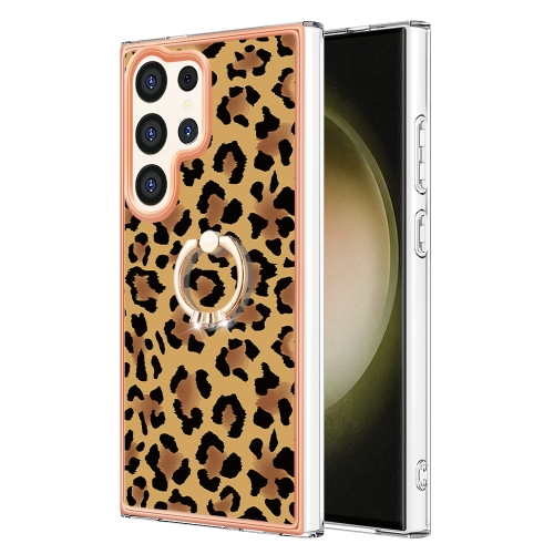 

For Samsung Galaxy S24 Ultra 5G Electroplating Dual-side IMD Phone Case with Ring Holder(Leopard Print)