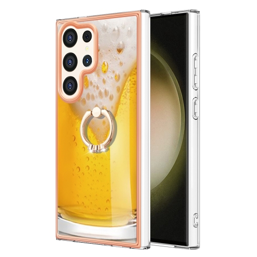 

For Samsung Galaxy S24 Ultra 5G Electroplating Dual-side IMD Phone Case with Ring Holder(Draft Beer)