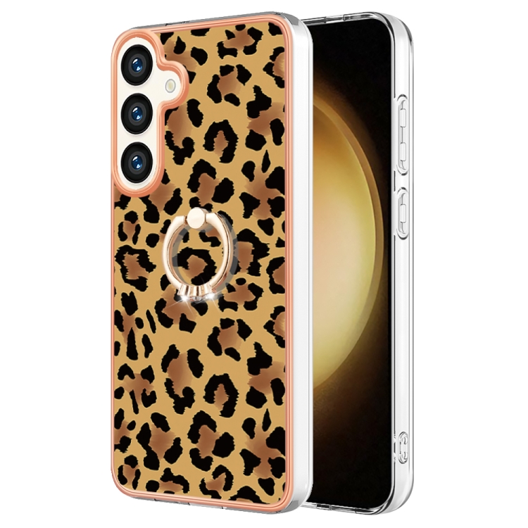 

For Samsung Galaxy S24 5G Electroplating Dual-side IMD Phone Case with Ring Holder(Leopard Print)