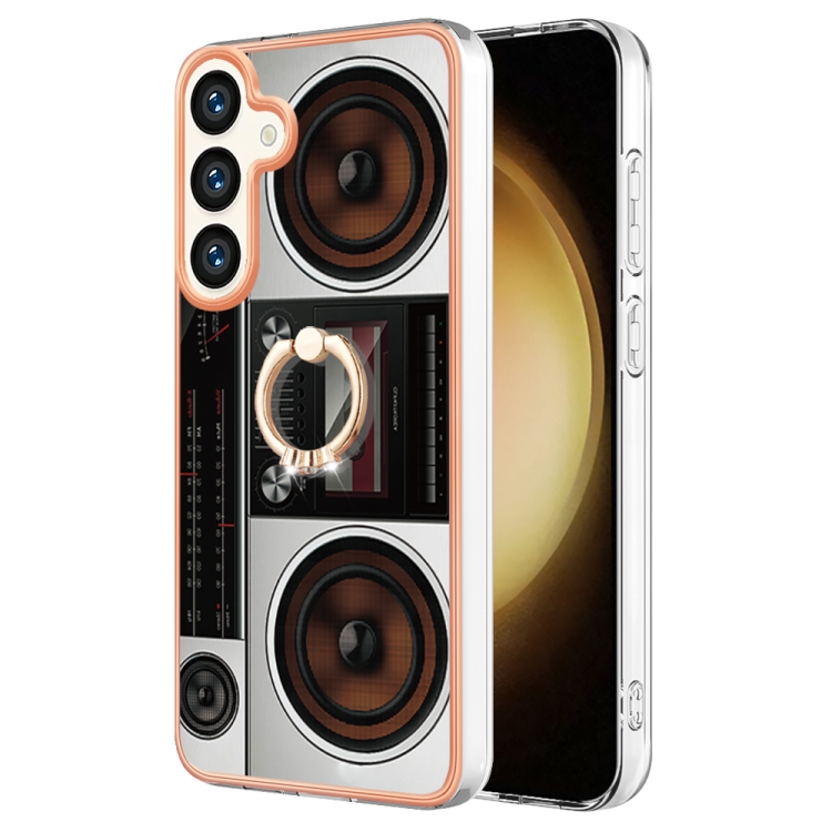 

For Samsung Galaxy S24 5G Electroplating Dual-side IMD Phone Case with Ring Holder(Retro Radio)