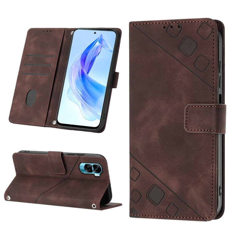 

For Honor 90 Lite Skin-feel Embossed Leather Phone Case(Brown)