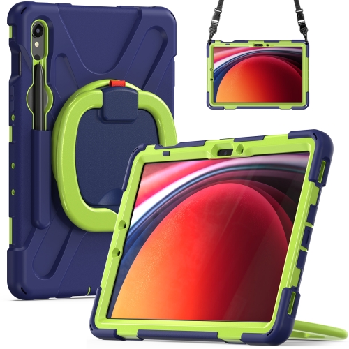 

For Samsung Galaxy Tab S9 / S8 / S7 Silicone Hybrid PC Tablet Case with Holder & Shoulder Strap(Navy Blue Olivine)