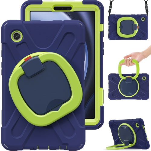 

For Samsung Galaxy Tab A9 Silicone Hybrid PC Tablet Case with Holder & Shoulder Strap(Navy Blue Olivine)