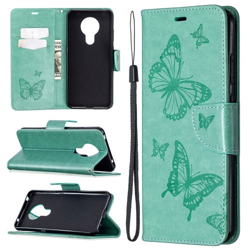 

For Nokia 5.3 Two Butterflies Embossing Pattern Horizontal Flip Leather Case with Holder & Card Slot & Wallet & Lanyard(Green)