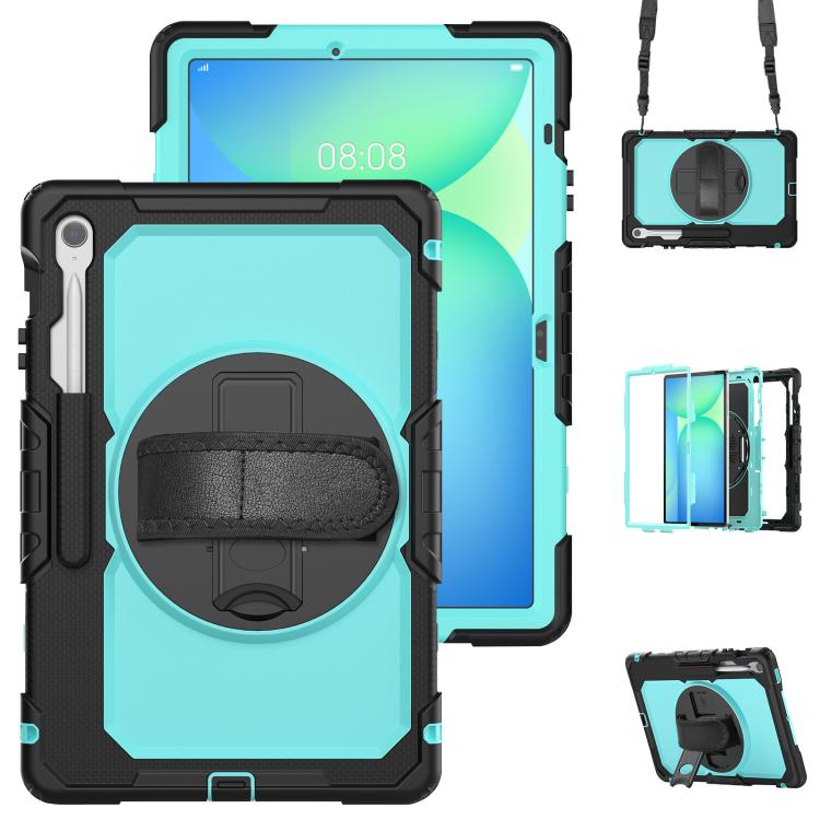 

For Samsung Galaxy Tab S10 FE+ Lucky Wheel Grip Silicone Hybrid PC Tablet Case with Shoulder Strap(Light Blue+Black)