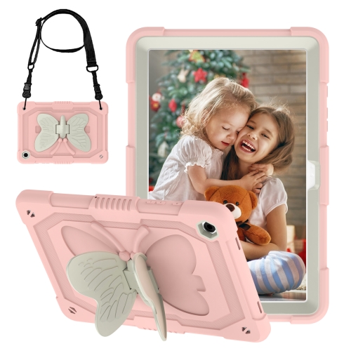 

For Samsung Galaxy Tab A9+ Butterfly Kickstand Heavy Duty Hard Rugged Tablet Case(Beige+Rose Pink)