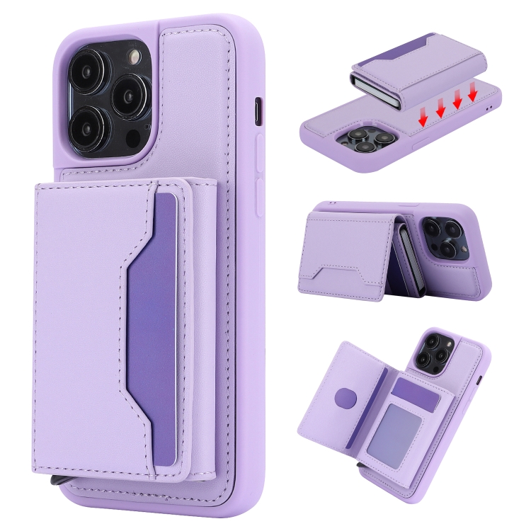

For iPhone 14 Pro RFID Anti-theft Detachable Card Bag Leather Phone Case(Purple)