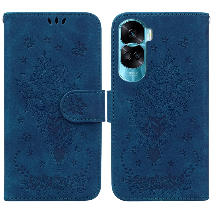 

For Honor 90 Lite Butterfly Rose Embossed Leather Phone Case(Blue)