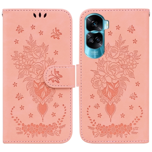 

For Honor 90 Lite Butterfly Rose Embossed Leather Phone Case(Pink)