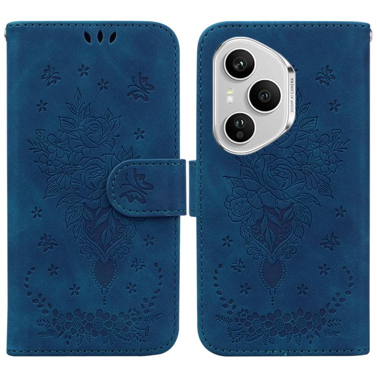 

For Honor 400 Pro Global 160.8mm Butterfly Rose Embossed Leather Phone Case(Blue)
