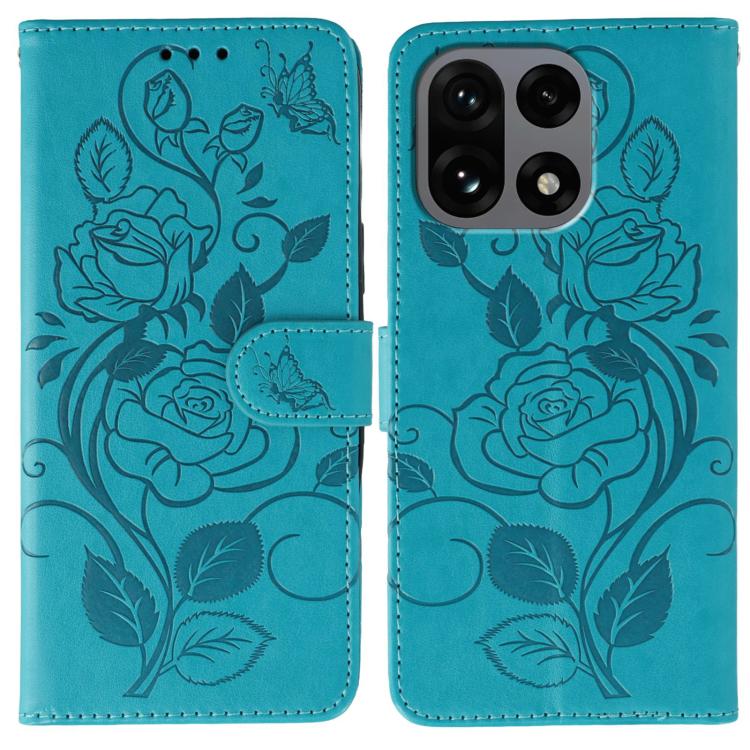 

For OnePlus 15 Butterfly Rose Embossed Leather Phone Case(Blue)