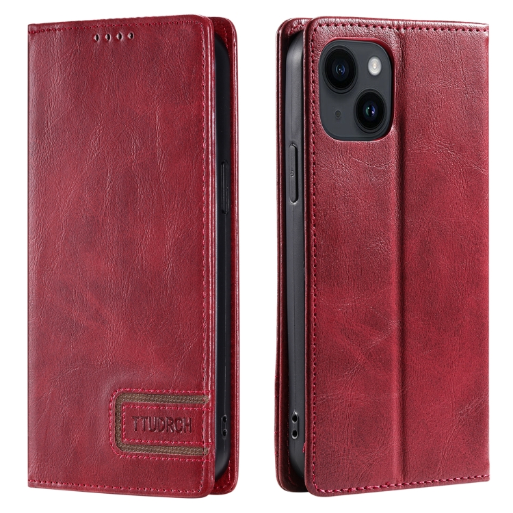 

For iPhone 15 Plus TTUDRCH RFID Retro Texture Magnetic Leather Phone Case(Red)