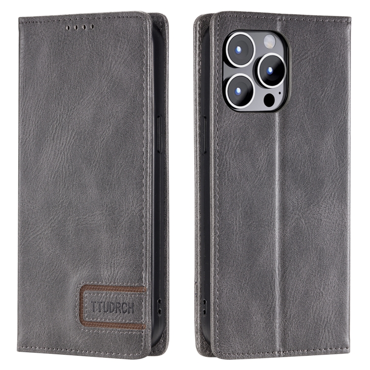 

For iPhone 14 Pro TTUDRCH RFID Retro Texture Magnetic Leather Phone Case(Grey)