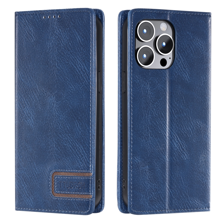 

For iPhone 13 Pro Max TTUDRCH RFID Retro Texture Magnetic Leather Phone Case(Blue)