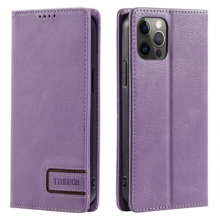 

For iPhone 12 Pro Max TTUDRCH RFID Retro Texture Magnetic Leather Phone Case(Purple)