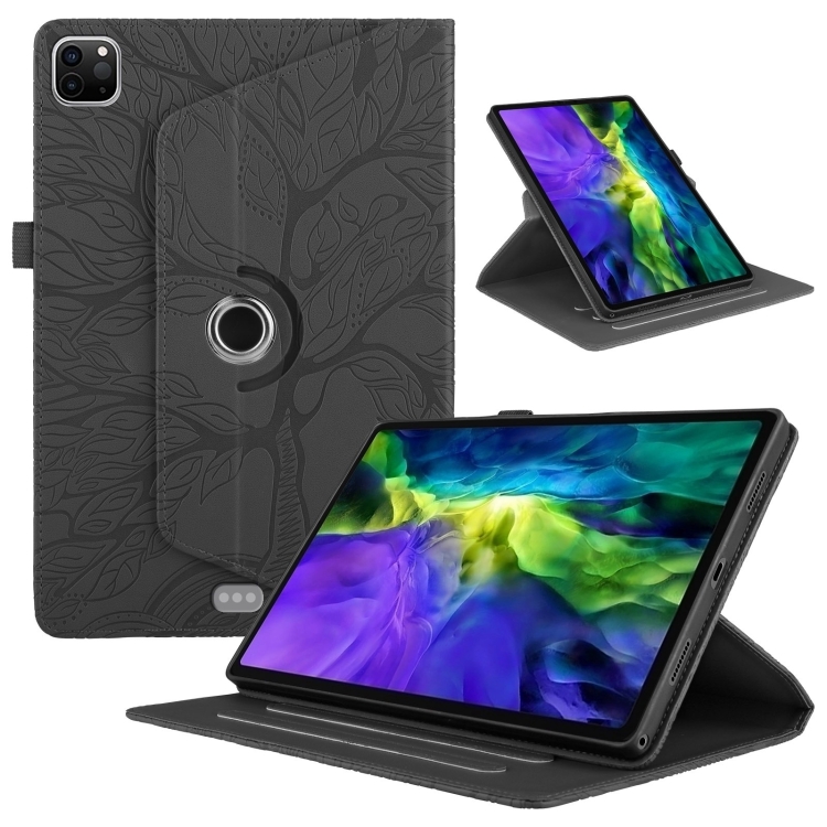 

For iPad Pro 11 2022 / 2021 / 2020 Tree Life Embossed Rotation Leather Smart Tablet Case(Black)