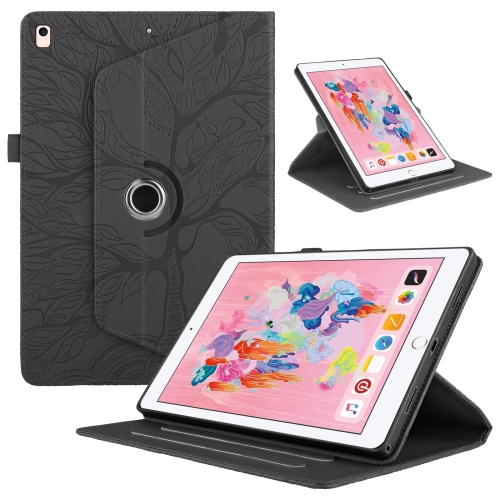 

For iPad Air / Air 2 / 9.7 2017 / 2018 Tree Life Embossed Rotation Leather Smart Tablet Case(Black)