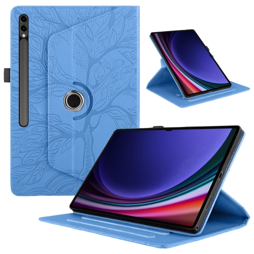 

For Samsung Galaxy Tab S9 Ultra/S8 Ultra Tree Life Embossed Rotation Leather Tablet Case(Blue)