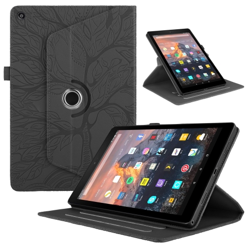 

For Amazon Kindle Fire HD8 2015-2019 Tree Life Embossed Rotation Leather Tablet Case(Black)