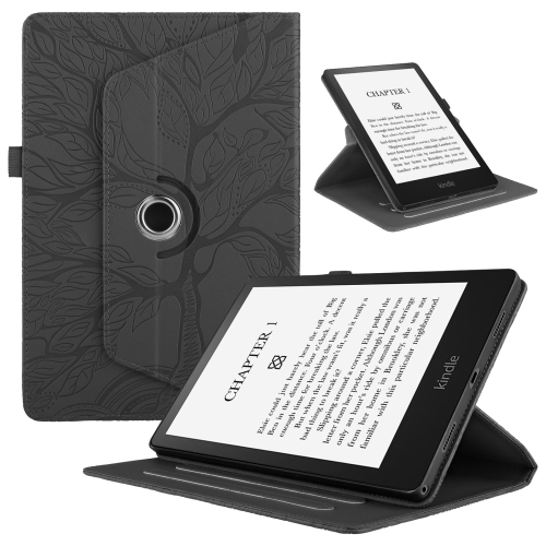 

For Amazon Kindle Paperwhite 5 Tree Life Embossed Rotation Leather Smart Tablet Case(Black)