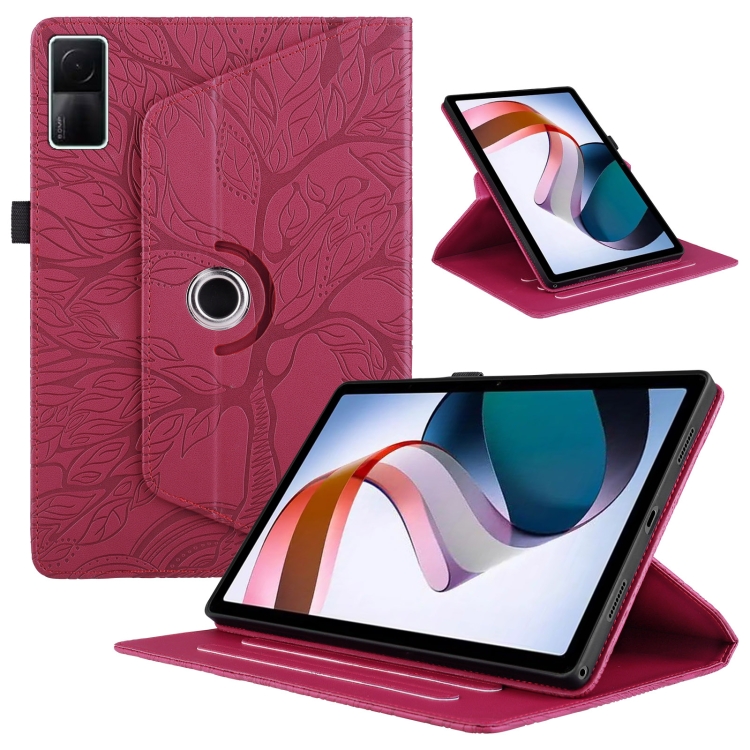 

For Xiaomi Redmi Pad 10.6 2022 Tree Life Embossed Rotation Leather Smart Tablet Case(Red)