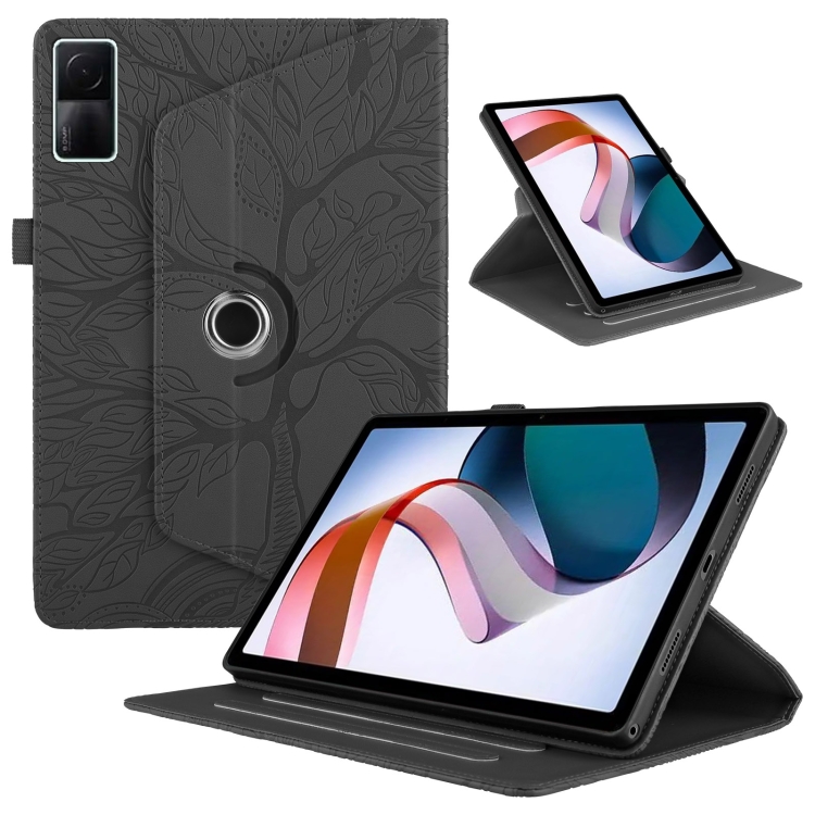 

For Xiaomi Redmi Pad 10.6 2022 Tree Life Embossed Rotation Leather Smart Tablet Case(Black)