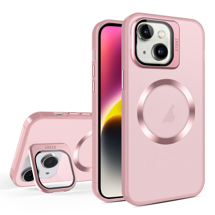 

For iPhone 15 Skin Feel CD Texture MagSafe Lens Holder Phone Case(Pink)