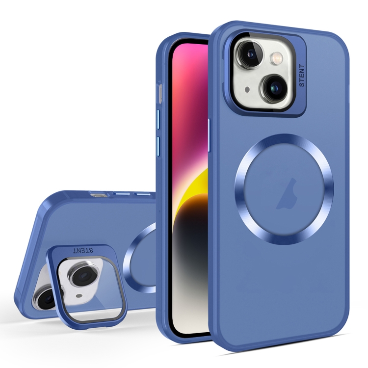 

For iPhone 14 Skin Feel CD Texture MagSafe Lens Holder Phone Case(Royal Blue)