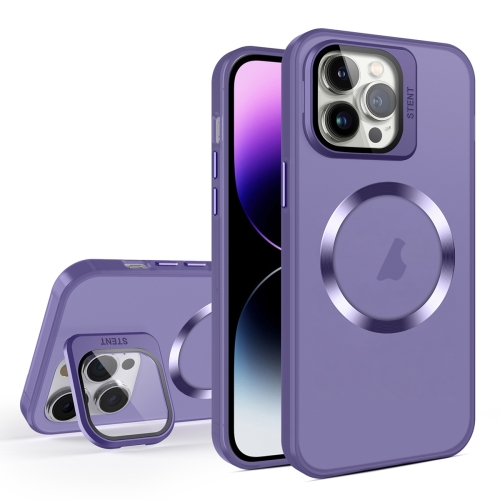 

For iPhone 14 Pro Max Skin Feel CD Texture MagSafe Lens Holder Phone Case(Dark Purple)